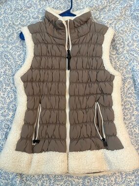 Calvin Klein Olive Green Quilted Vest with Cream Sherpa Trim